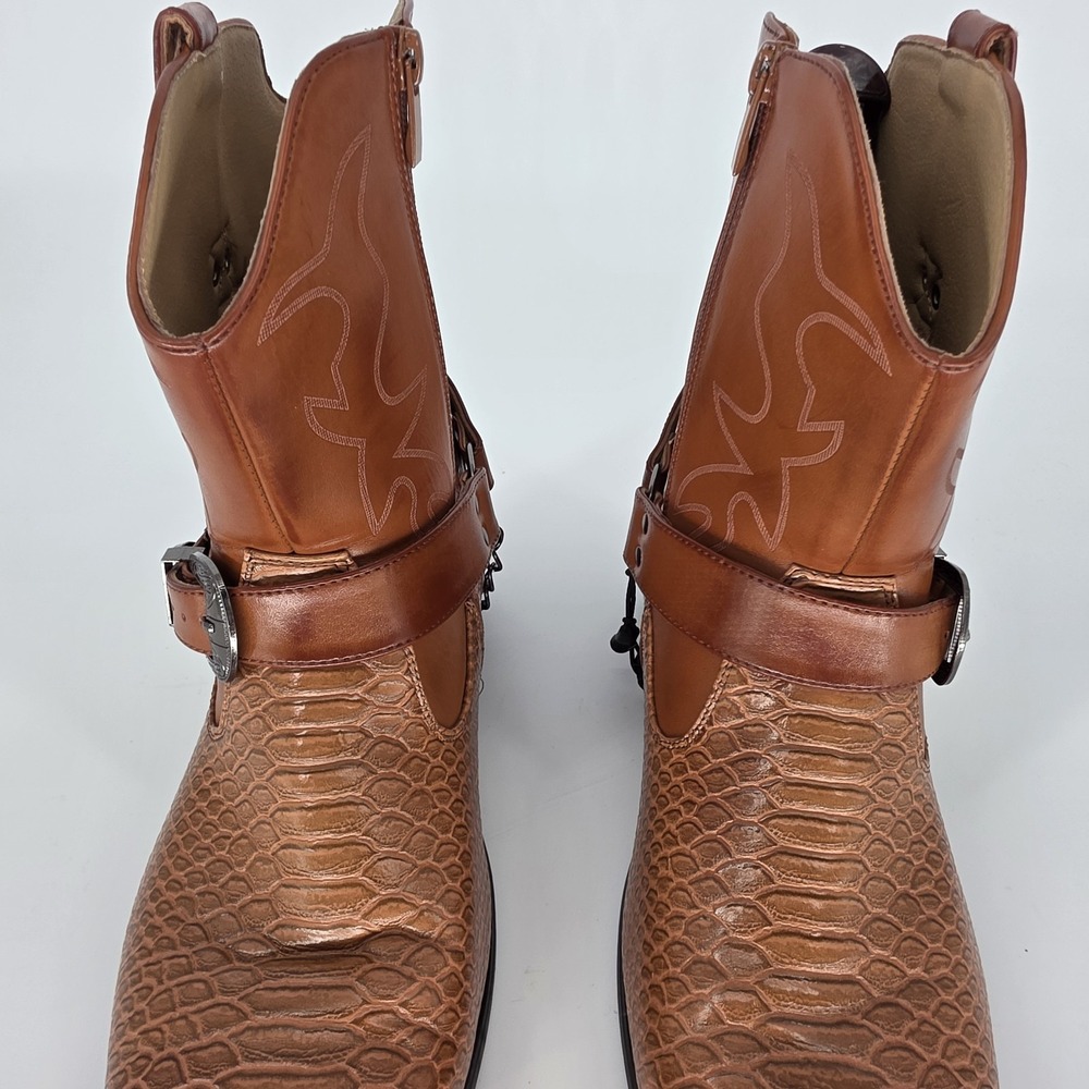 Western Cowboy Boots Brown, Faux Crocodile Metro Charm Diego-01 Strap Buckle - Picture 8 of 10